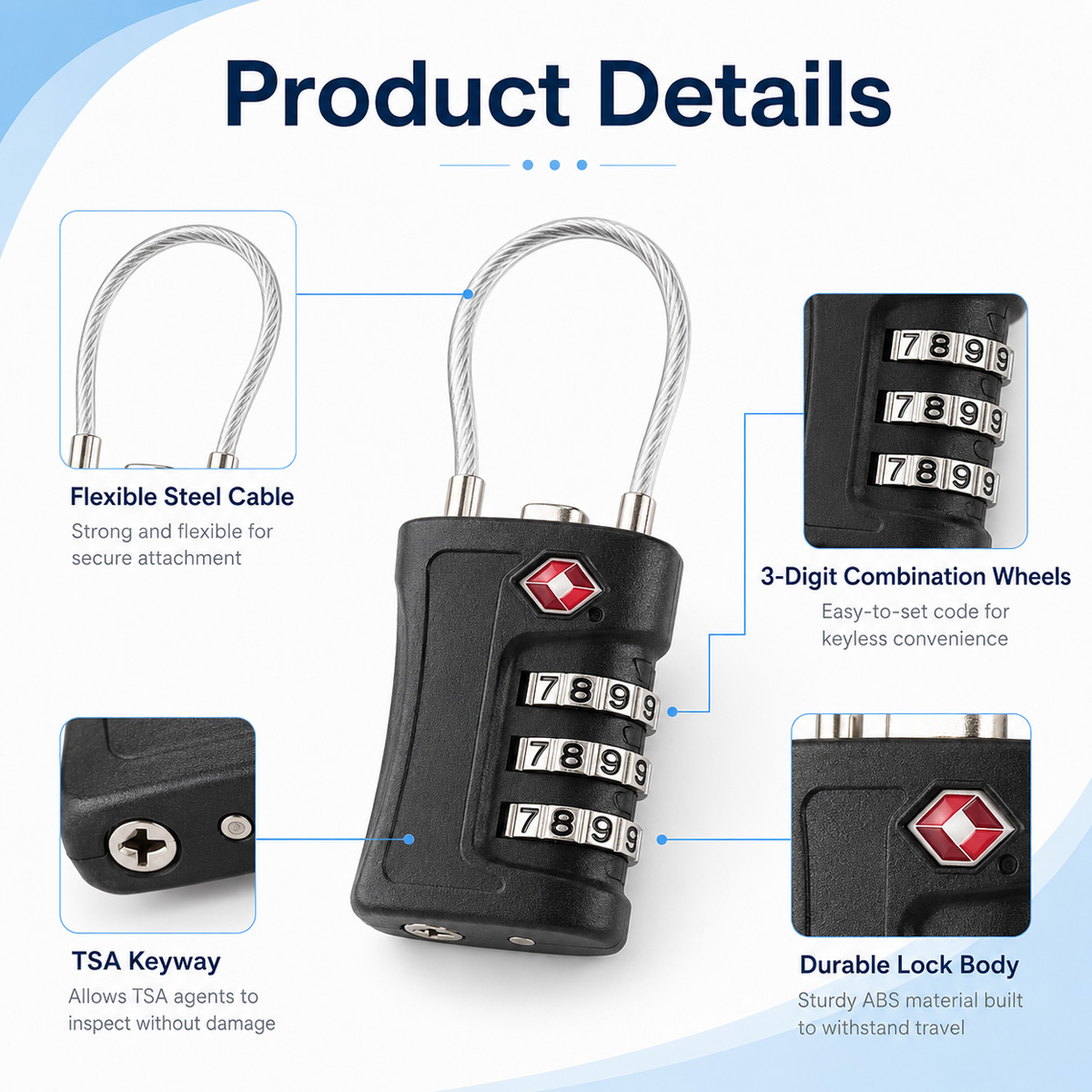 TSA 승인 수하물 잠금장치 3자리 조합 케이블 자물쇠 - Home Security Locks 리뷰 및 가격